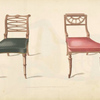 Two chairs with red, black cushions.