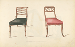 Two chairs with red, black cushions.