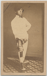 Man exhibits injured right leg in brace with arched foot resting on artificial foot