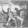 A white man whipping a black man tied to the trunk of a tree