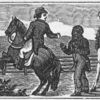 A black man being physically restrained and whipped by two white men on horseback