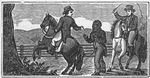 A black man being physically restrained and whipped by two white men on horseback