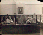 Librarian at desk and reader at bookshelves