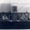 Librarian at desk and reader at bookshelves