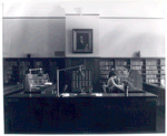 Librarian at desk and reader at bookshelves