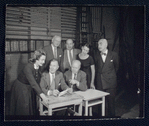 Elliott Nugent, Geraldine Fitzgerald, and unidentified actors in rehearsal for the stage production Build With One Hand