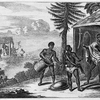 Two men with drums talking to a man standing in entrance of dwelling.
