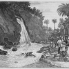 Group of men diving in the water to find unidentified materials.