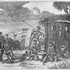 Group of men sitting in outside entrance of dwelling with weapons.