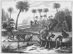 Group of men in canoes and working near shore.
