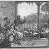 [A group of men bowed down participating in ceremony.]