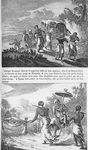 Man being carried by men walking.] ; [ Man holding umbrella while being carried by two men walking.]