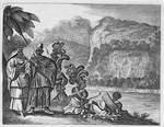 Men wearing ornate clothing and dress gathered along the edge of river.