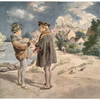 Two men in Renaissance dress conversing by a river, a village in the distance.
