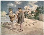Two men in Renaissance dress conversing by a river, a village in the distance.