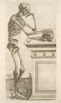 Secunda ossium tabula [Human skeleton inspecting a skull and in deep thinking]
