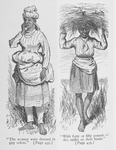 The women were dressed in gay colors. ; With forty or fifty pounds of rice stalks on their heads