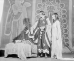 Henry Hull as Alexander (on bed), A. B. Anson as Aristandos [?] and Jessie Royce Landis as Statira.