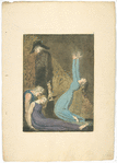 Man supporting supine woman, aged man with bell, and woman in blue dress, arms raised in suppliction