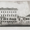 View of a building structure, people, two carriages and a dog on Nevsky Prospect.