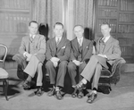 Staff for Theatre Guild's production of "Strange Interlude" in  Philadelphia, Garrick Theatre, 1930. L to R: Ned Holmes, Business Mgr., Bretaigne Windust, Asst. Stage Mgr., Maurice McRae, Stage Mgr. and John Yorke, Company Mgr.