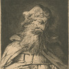 Bust of a man with a long beard, hand on breast.