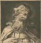 Bust of a man with a long beard, hand on breast.