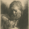 Bust of a bearded man contemplating a skull.
