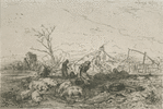 Paysage : troupeau de cochons.