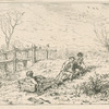 Paysage d'hiver : enfants trainant un chariot.