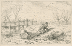 Paysage d'hiver : enfants trainant un chariot.