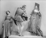 Charles Weidman, Eugenia Liczbinska with Blanche Talmud (extreme left) Dance Group appearing in music-dance-drama "Music of the troubadours" (Neighborhood Playhouse Production, New York, 1931)