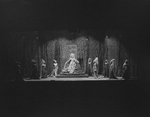 Scene from "King Richard III."  Evelyn Walsh Hall as Queen Elizabeth (wife of Edward IV) seated on throne at al. Set by Robert Edmond Jones.