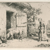 Femme faisant rentrer des porcs dans une porcherie.
