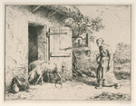 Femme faisant rentrer des porcs dans une porcherie.