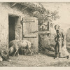 Femme faisant rentrer des porcs dans une porcherie.