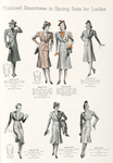 Tailored smartness in spring suits for ladies: the single-breasted open pleat waist-line style; double-breasted model of the open pleat waist-line style; three-button sport style; two-button peaked lapel style; link button style; three-button double-breasted style; two-button notch label style.
