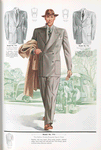 Model No. 914. Two button double-breasted sports style, three patched pockets, stitched edges, sport back with half belt and "free swing" pleats; Model No. 915. Two button peaked lapel sports style; Model No. 916. Three button tab collar sports style.