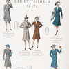 Ladies tailored suits - six button style, short peaked lapels, pleated puffed shoulders, two-button peaked lapel style, two-button notch lapel style, piped lower pockets, link button model, wide peaked lapels, welt pockets, three button peaked lapel style, open pleats at waist in front, two-button double-breasted model.