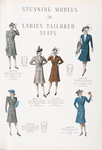 Ladies tailored suits - six button style, short peaked lapels, pleated puffed shoulders, two-button peaked lapel style, two-button notch lapel style, piped lower pockets, link button model, wide peaked lapels, welt pockets, three button peaked lapel style, open pleats at waist in front, two-button double-breasted model.