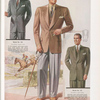 Model No. 123. Two-button sports style: an informal model with notch lapels, three patch pockets, lower ones with flaps, stitched edges, sport back with half belt and "roll swing" pleats; Model No. 124. Three-button sports style; Model No. 125. Two-button sports style.