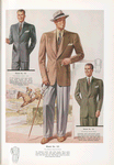 Model No. 123. Two-button sports style: an informal model with notch lapels, three patch pockets, lower ones with flaps, stitched edges, sport back with half belt and "roll swing" pleats; Model No. 124. Three-button sports style; Model No. 125. Two-button sports style.