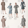Ladies tailored topcoats in correct new styles; Model No. 191. Fly front swagger coat with slash pockets and stitched edges; Model No. 192. Stylish form fitting model; Model No. 193. Fashionable revere front single-breasted; Model No. 194. Two-button double-breasted; Model No. 195. Modish three-button swagger style; Model No. 196. Popular single-breasted raglan.