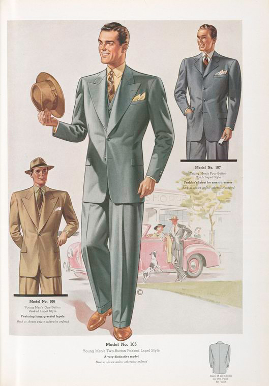 Model No. 105. Young men's two-button peaked lapel style; Model No. 106 ...