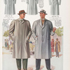 Model No. 140. Fly front topcoat with convertible military collar, set-in split sleeves, full cut and finished with cuffs, slash pockets, stitched edges, very loose back; Model No. 141. Stylish raglan topcoat; Model No. 142. Military collar bal-raglan topcoat; Model No. 143. Fly front bal-raglan topcoat; Model No. 144. Young men's double-breasted drape topcoat.