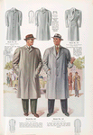 Model No. 140. Fly front topcoat with convertible military collar, set-in split sleeves, full cut and finished with cuffs, slash pockets, stitched edges, very loose back; Model No. 141. Stylish raglan topcoat; Model No. 142. Military collar bal-raglan topcoat; Model No. 143. Fly front bal-raglan topcoat; Model No. 144. Young men's double-breasted drape topcoat.