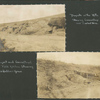 Dugouts in the hills showing camouflage and barbed wire; dugout and camouflaged field kitchen showing French soldier's grave
