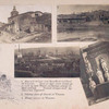 Road and bridges over Meuse River and canal at Vilosnes. These bridges were blown up in turn by both French and German armies in their retreat, present bridges built by American engineers [center photograph]  ; Interior view of church at Vilosnes [bottom right photograph] ; German prison camp [top right photograph] ; Street corner in Vilosnes [top left photograph].
