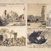 Ruined churches at Bapaume, Albert and Nantillois ; Shell hole trap for taxis, Paris.