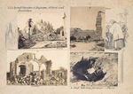 Ruined churches at Bapaume, Albert and Nantillois ; Shell hole trap for taxis, Paris.